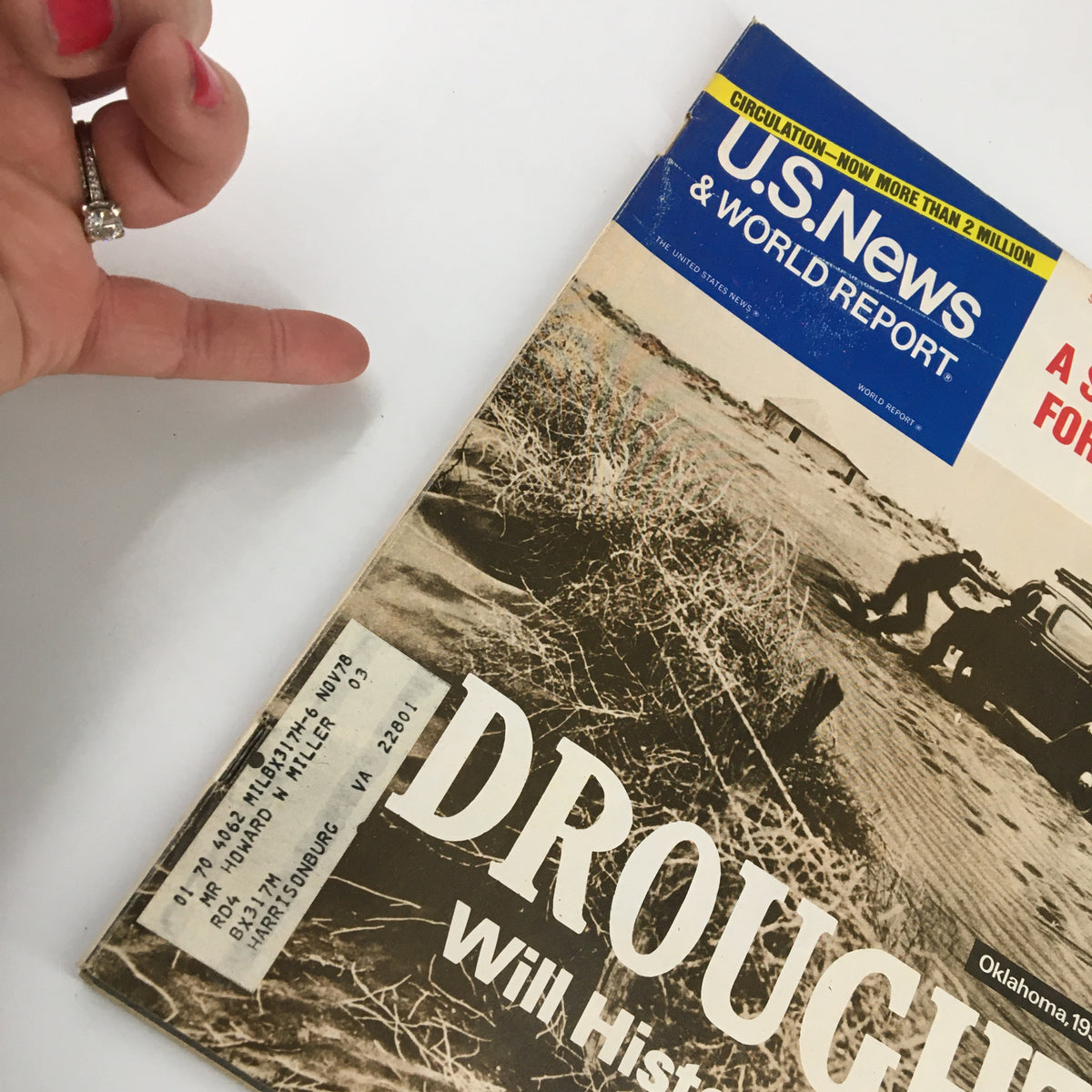 Cover of US News & World Report Magazine April 4, 1977 titled 'Drought: Will History Repeat?' featuring a visual depicting drought impacts, with a label indicating previous ownership.