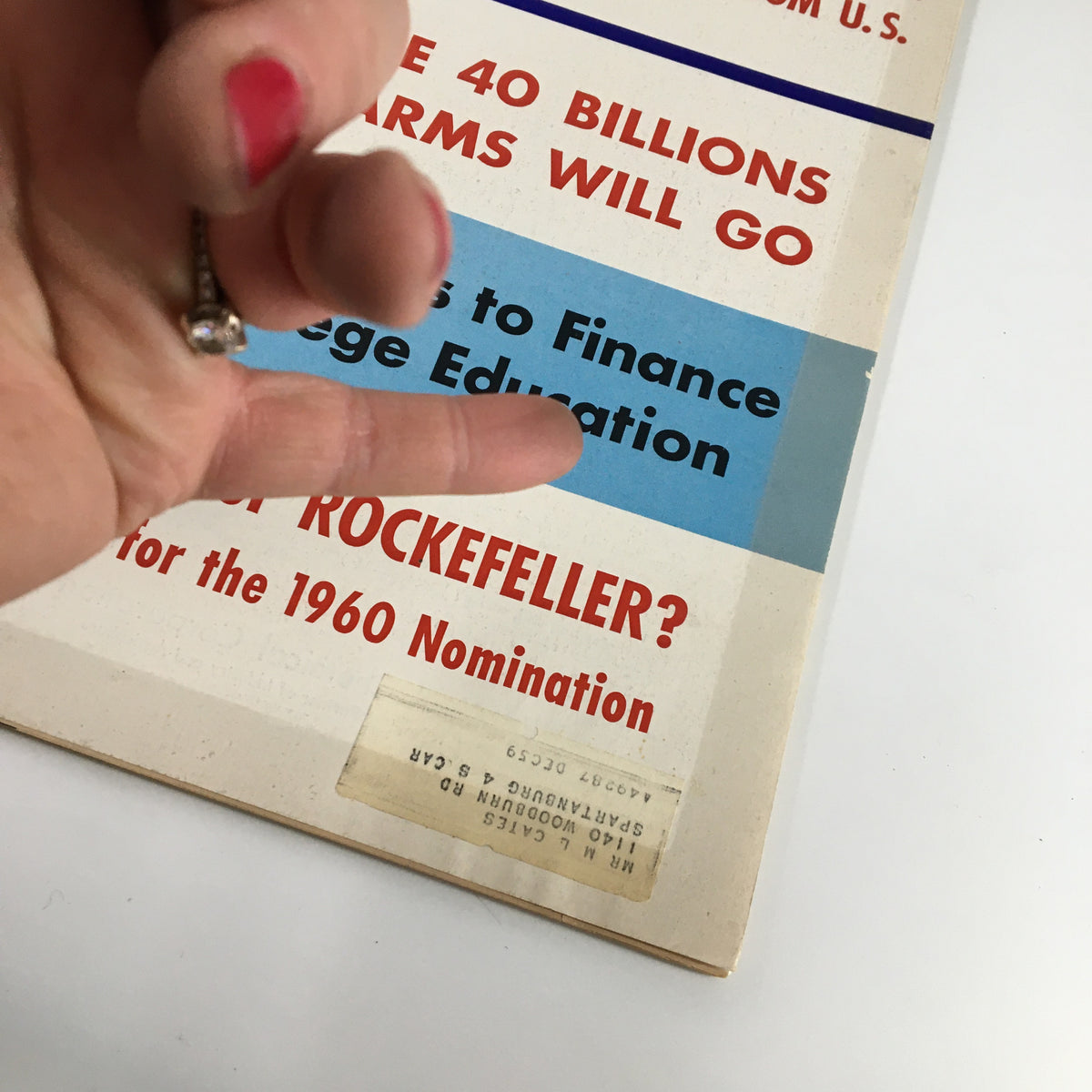 Cover detail of US News & World Report Magazine dated August 17, 1959, featuring political commentary on Nelson Rockefeller's candidacy for the 1960 nomination, including a label and vintage wear.