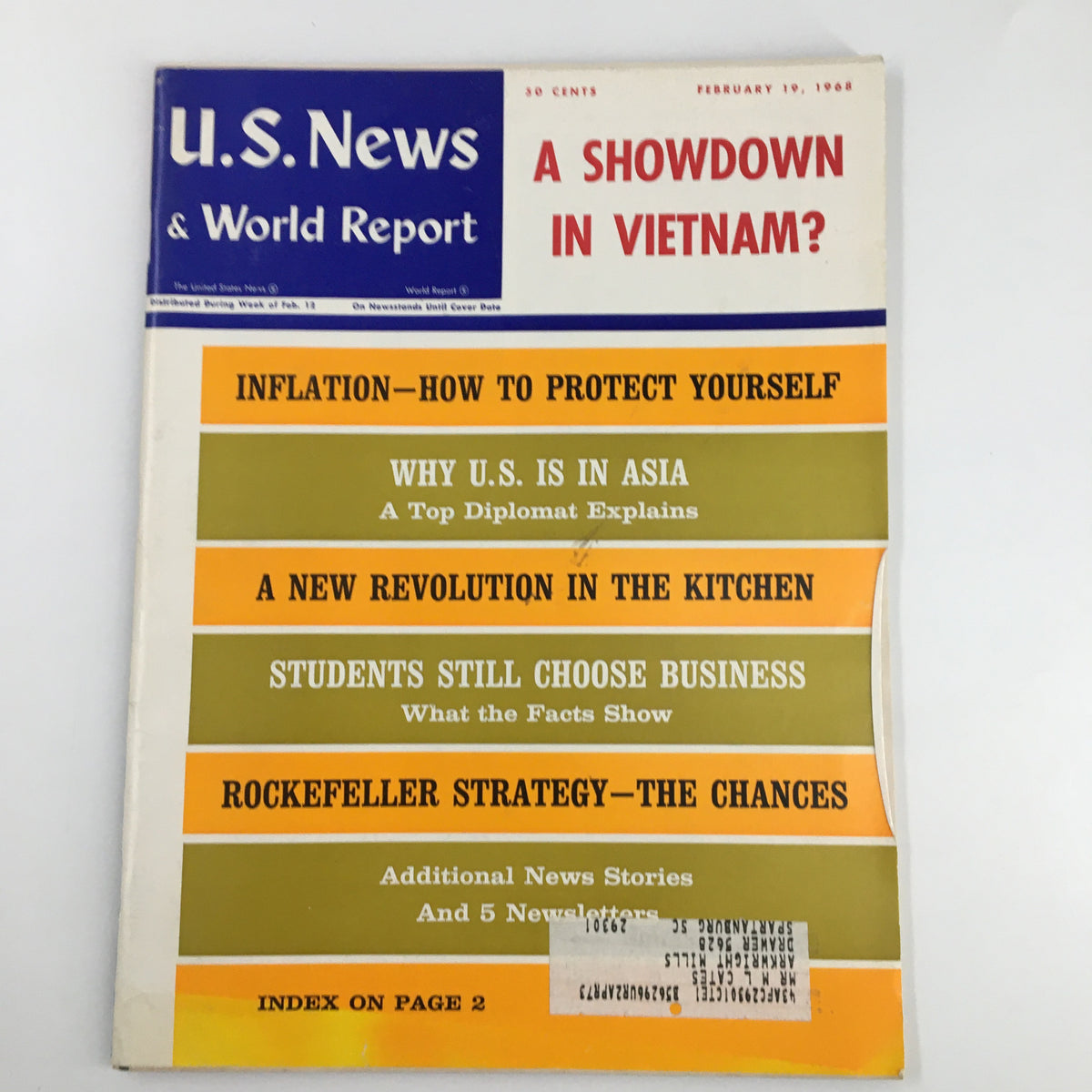 Cover of US News & World Report Magazine from February 19, 1968, featuring the headline 'A Showdown in Vietnam?' and articles on inflation, U.S. involvement in Asia, and Rockefeller strategies.