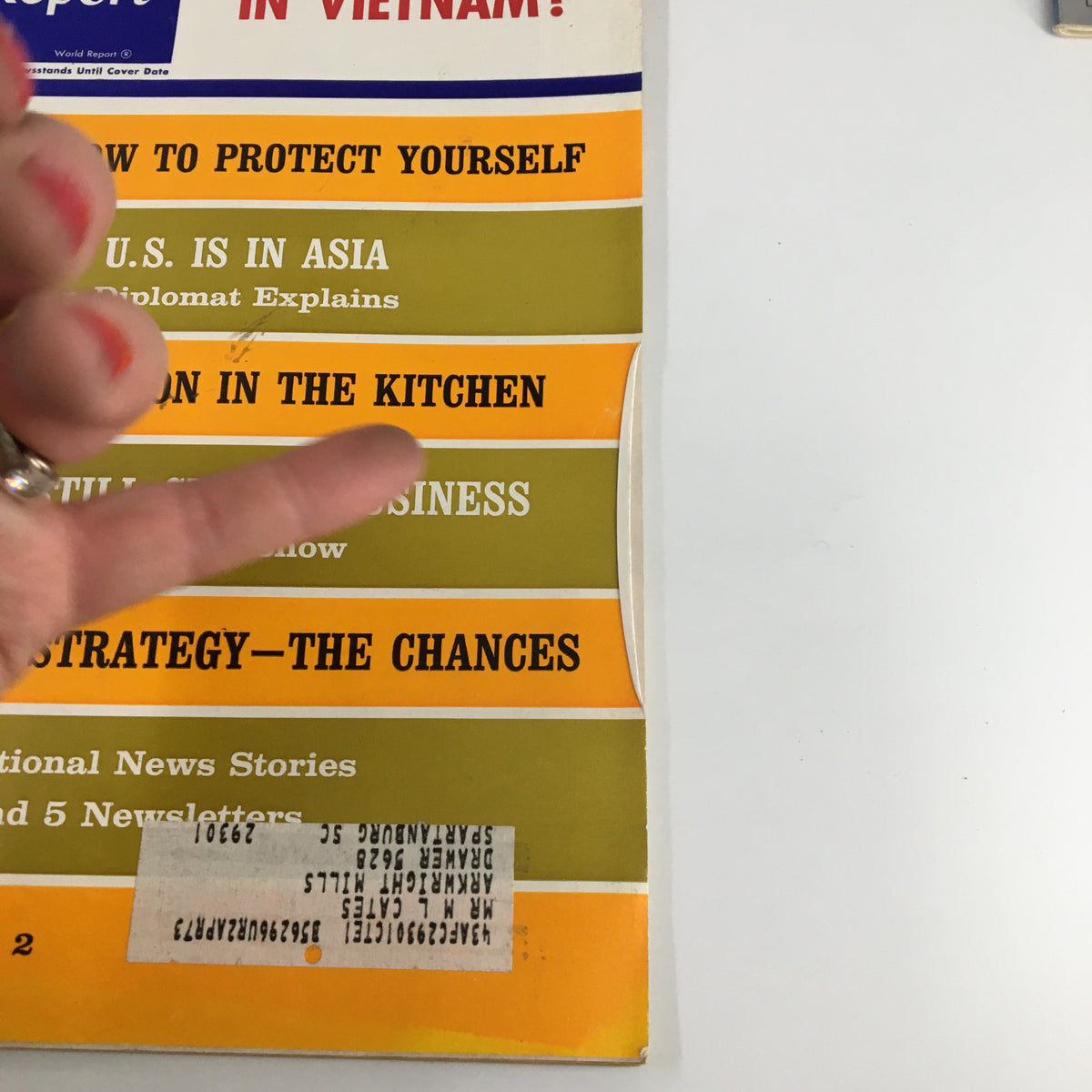 Close-up of the cover of US News & World Report Magazine dated February 19, 1968, showing sections on protecting from inflation, U.S. relations in Asia, and Rockefeller strategy.
