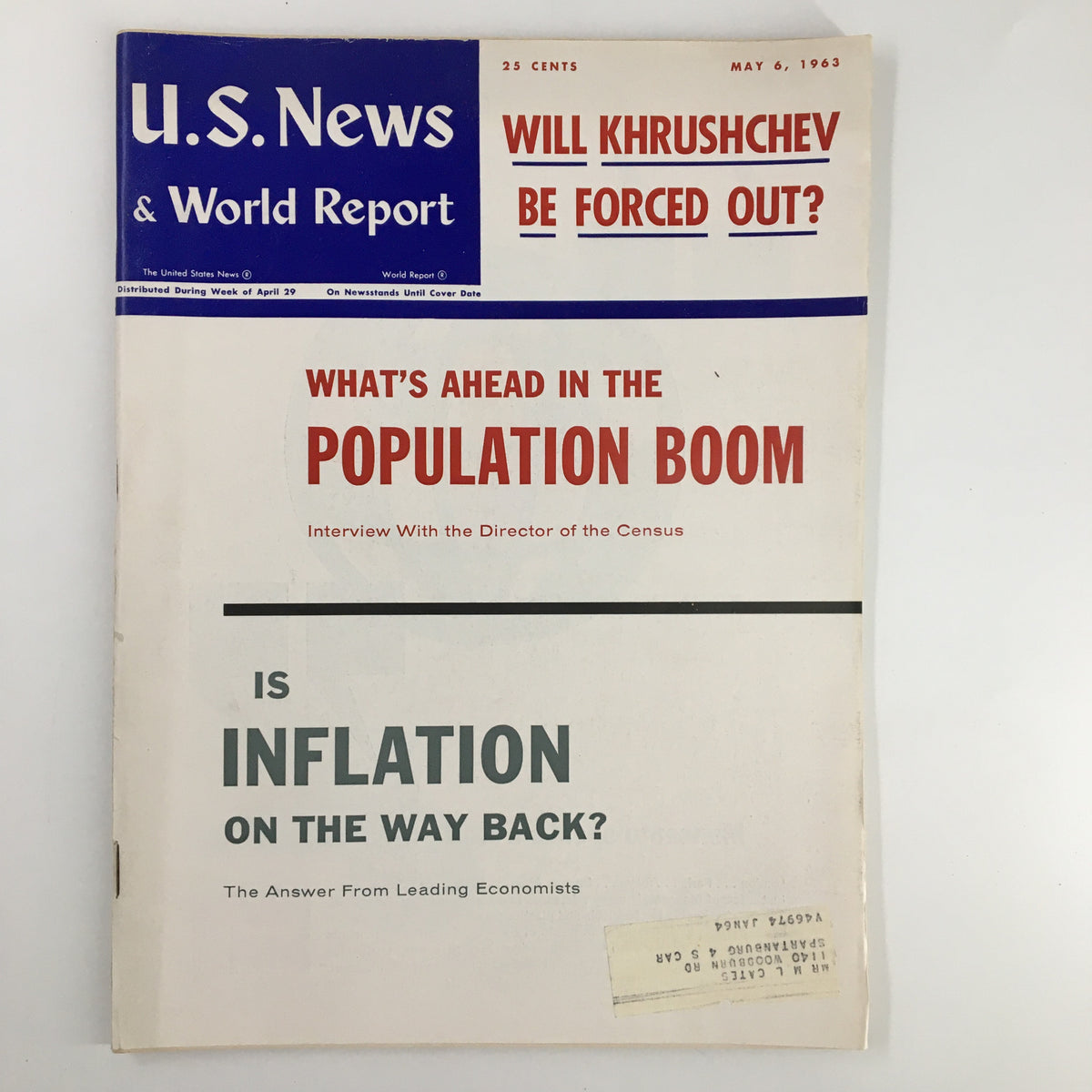 Cover of US News & World Report Magazine from May 6, 1963 featuring the title 'Is Inflation On The Way Back?' with articles on Khrushchev and the population boom.
