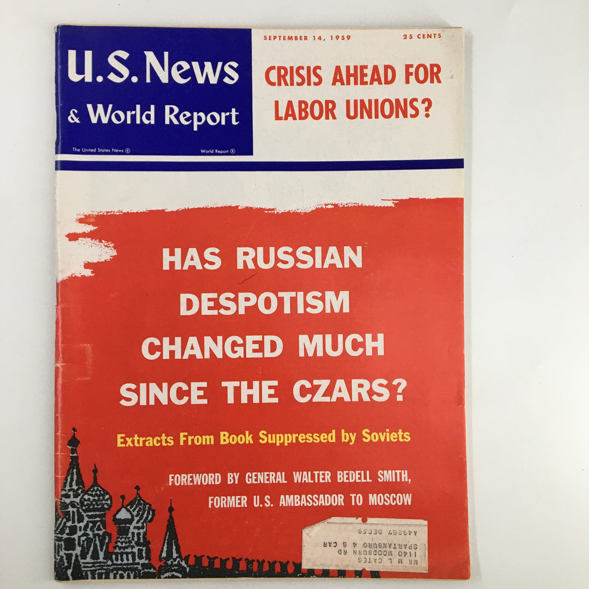 Cover of US News & World Report Magazine, September 14, 1959, featuring the title 'Crisis Ahead for Labor Unions?' and discussing Russian despotism with extracts from a book suppressed by Soviets.