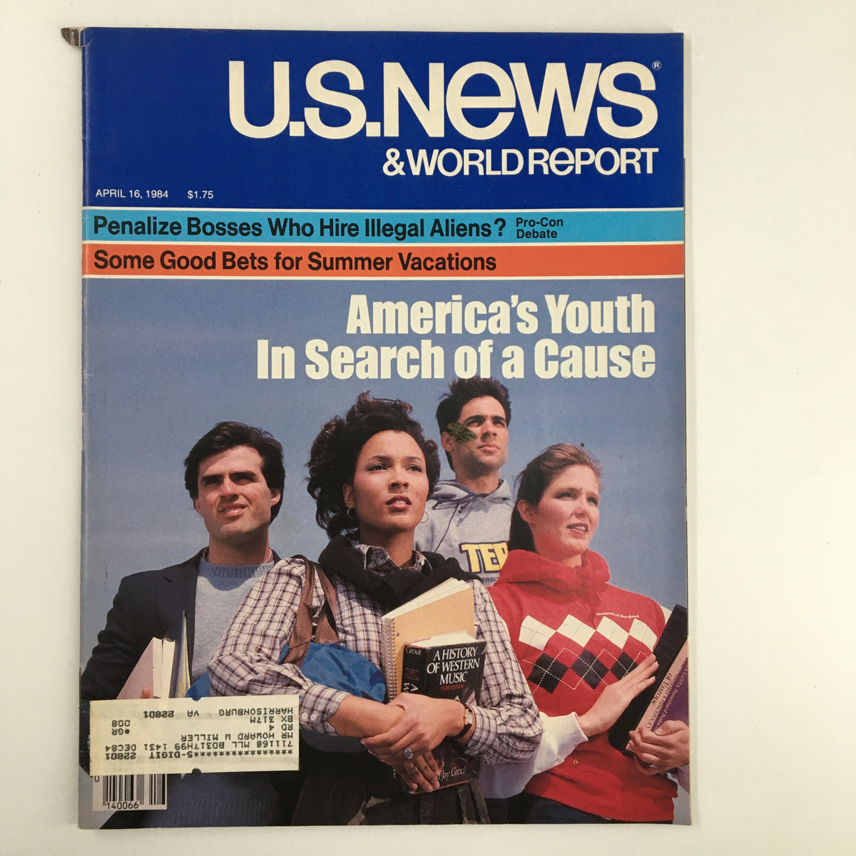 Cover of US News & World Report Magazine dated April 16, 1984, featuring the title 'America's Youth In Search of a Cause' with images of four young adults engaged in discussions.