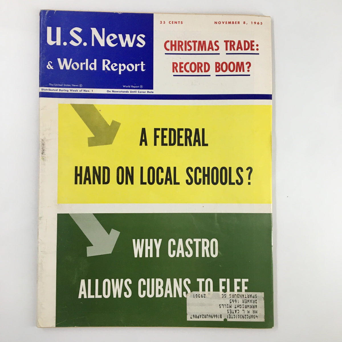Cover of US News & World Report Magazine from November 8, 1965, featuring the headline 'Christmas Trade: Record Boom?' and articles on federal influence in schools and Cuban emigration.