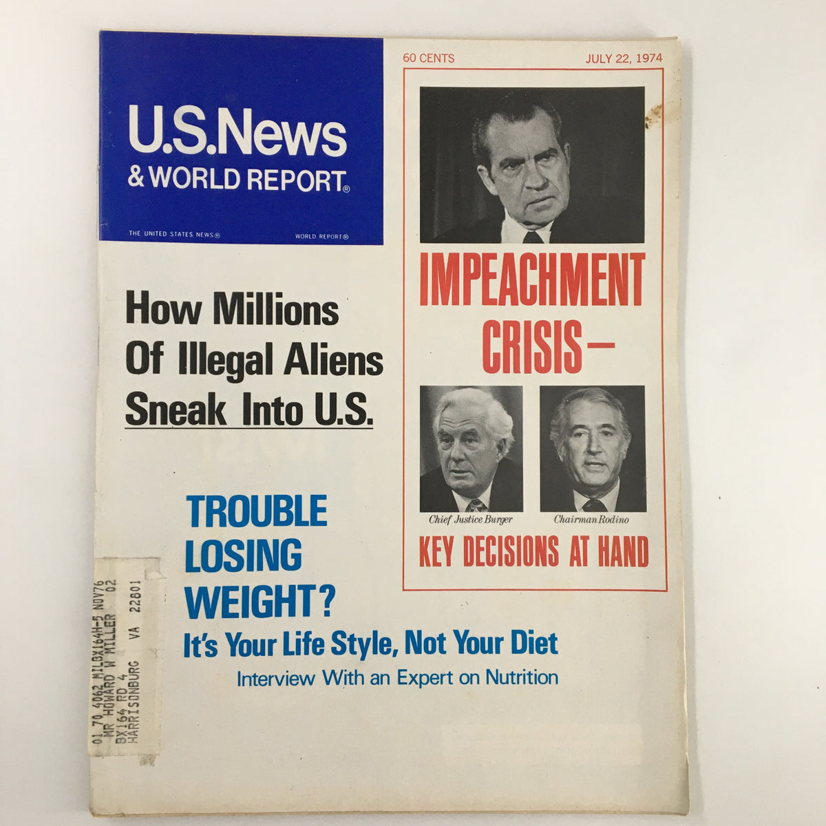 Cover of US News & World Report Magazine dated July 22, 1974, featuring the headline 'Impeachment Crisis,' with images of Richard Nixon and other officials, exploring the Nixon impeachment crisis and political issues of the 1970s.