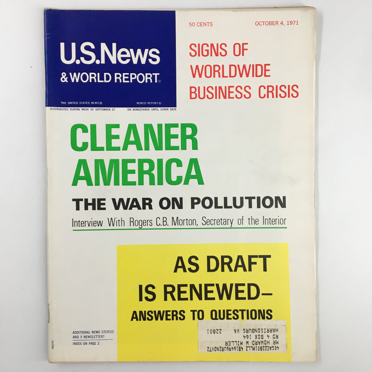 Cover of US News & World Report magazine from October 4, 1971, featuring the title 'Cleaner America: The War on Pollution' and an interview with Rogers C.B. Morton, Secretary of the Interior.