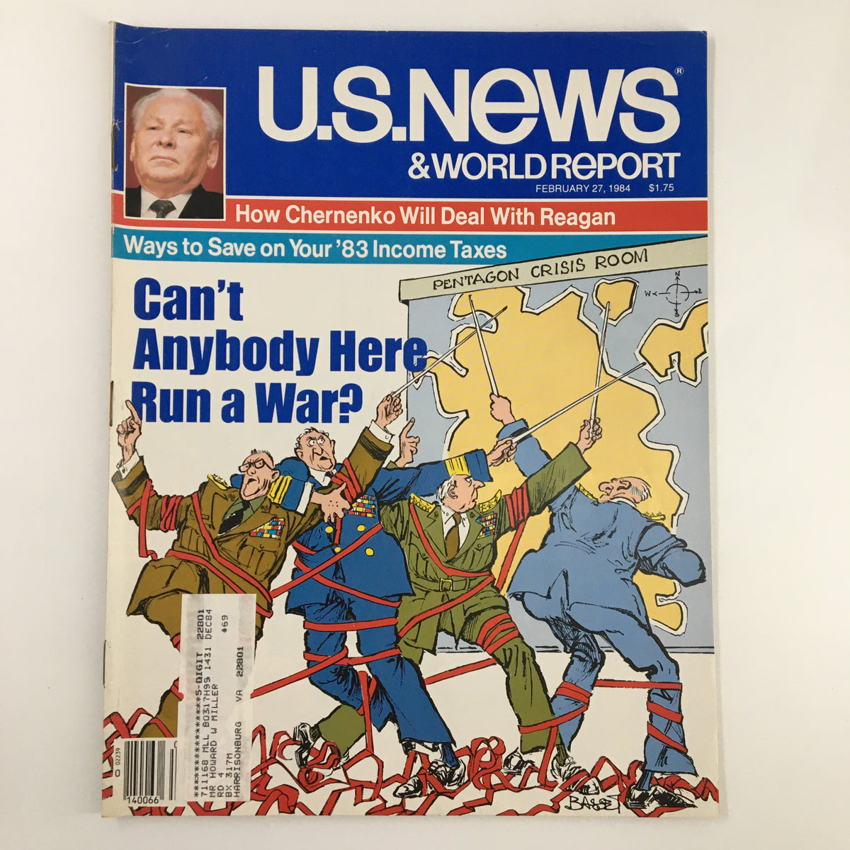 Cover of US News & World Report Magazine from February 27, 1984, featuring an editorial on how Chernenko will deal with Reagan. The cover includes the title 'Can't Anybody Here Run a War?' accompanied by a political cartoon depicting military figures entangled in red tape, highlighting the complexities of U.S.-Soviet relations during the Cold War.