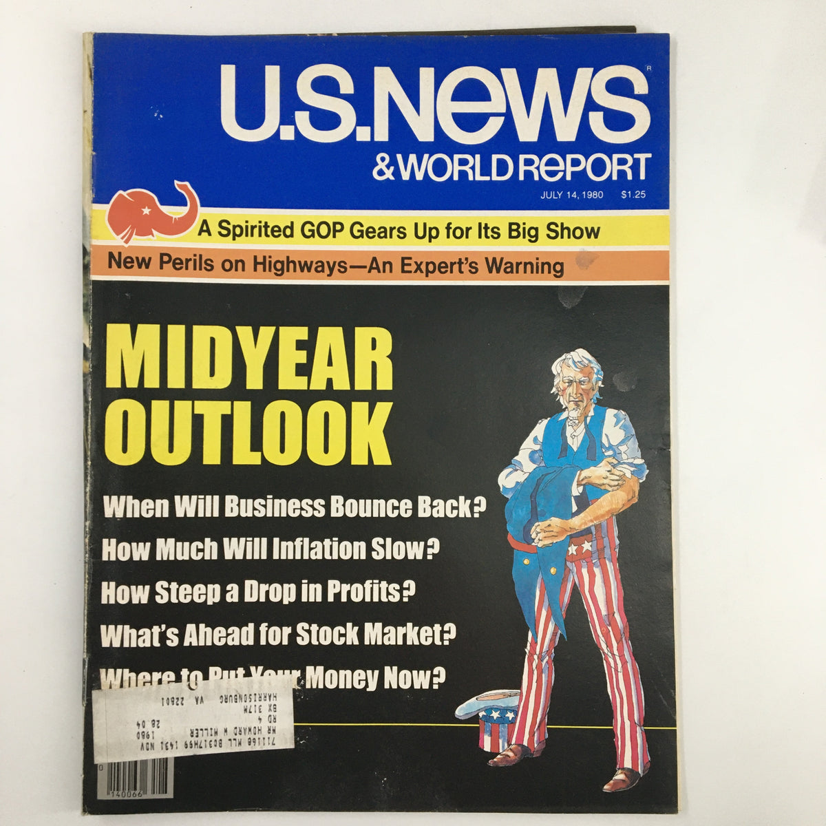 Cover of US News & World Report Magazine from July 14, 1980, featuring the title 'When Will Business Bounce Back?' The magazine includes a midyear outlook with headlines discussing inflation, stock market predictions, and economic questions, captured with a vintage design and a prominent illustration of an older man in patriotic attire.