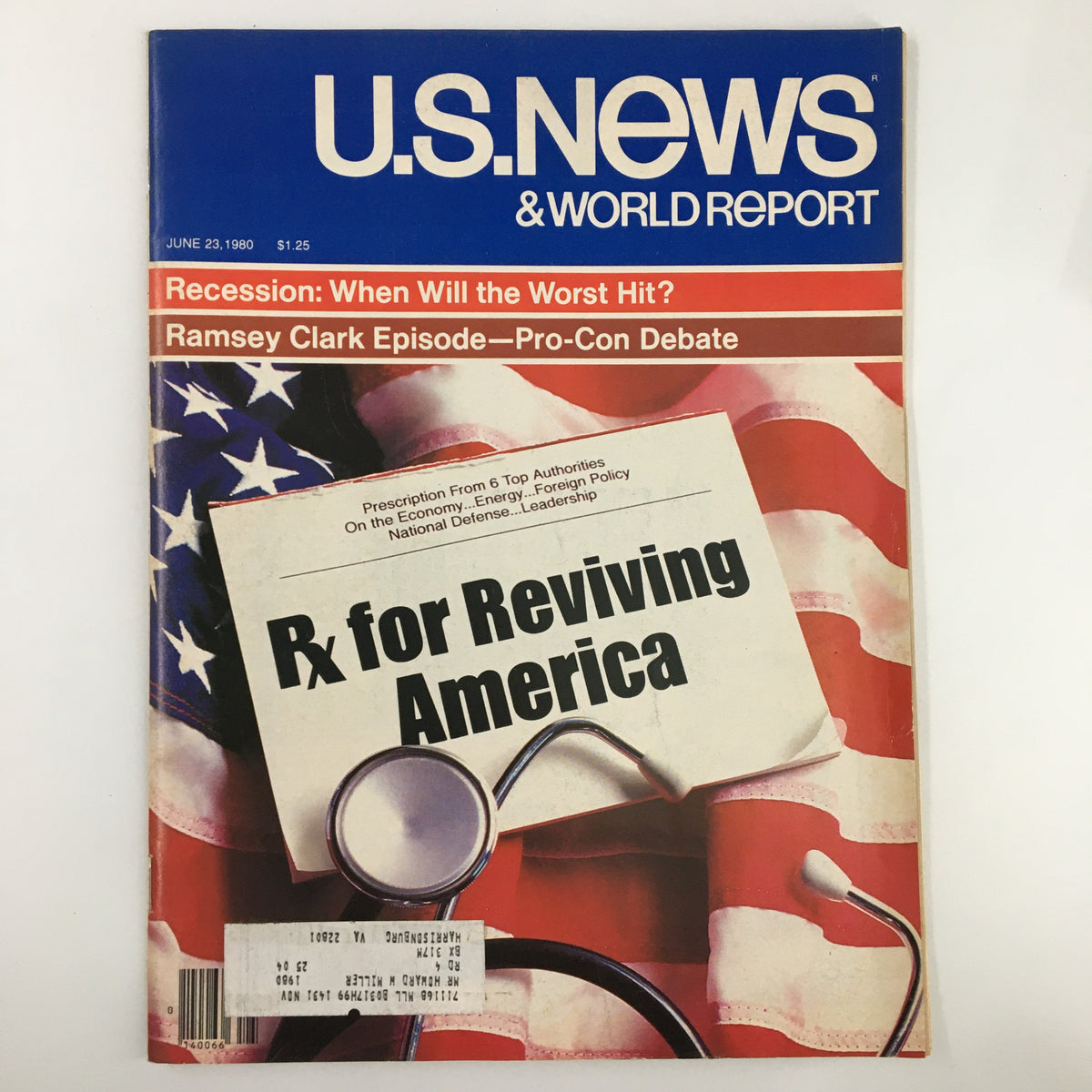 Cover of US News & World Report Magazine from June 23, 1980, featuring the cover story 'Rx for Reviving America' against a backdrop of the American flag and a stethoscope, addressing socio-economic issues.
