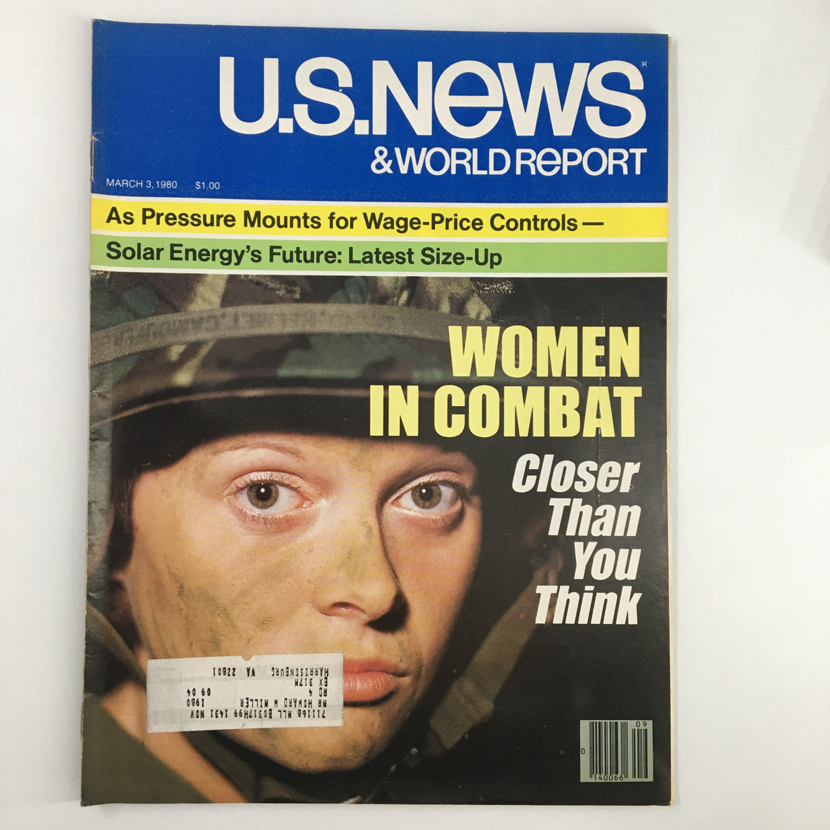 Cover of US News & World Report magazine dated March 3, 1980, featuring an article titled 'Solar Energy's Future Size-Up'. The cover highlights women's roles in combat with a striking image of a soldier, alongside bold headlines discussing wage-price controls and women's contributions in military settings.