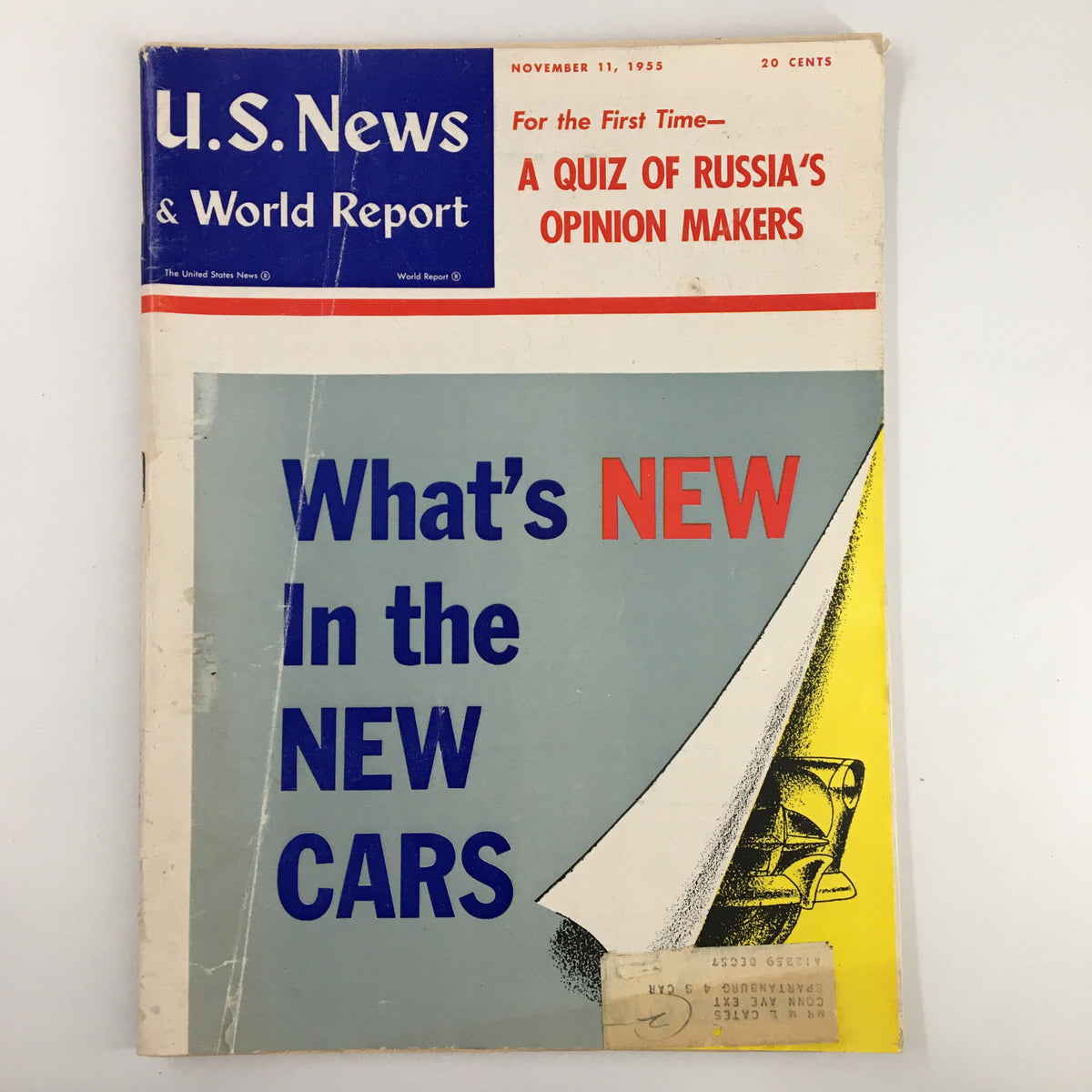 US News & World Report Magazine from November 11, 1955 featuring a cover story titled 'Quiz of Russia's Opinion Makers' with a colorful design and vintage appeal, showcasing automotive content.