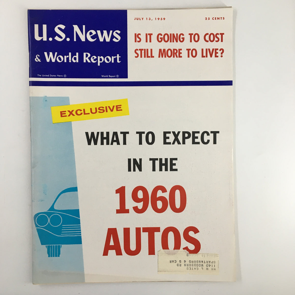 Cover of US News & World Report Magazine from July 13, 1959, featuring the headline 'What To Expect in The 1960 Autos' and an illustration of a vintage car.
