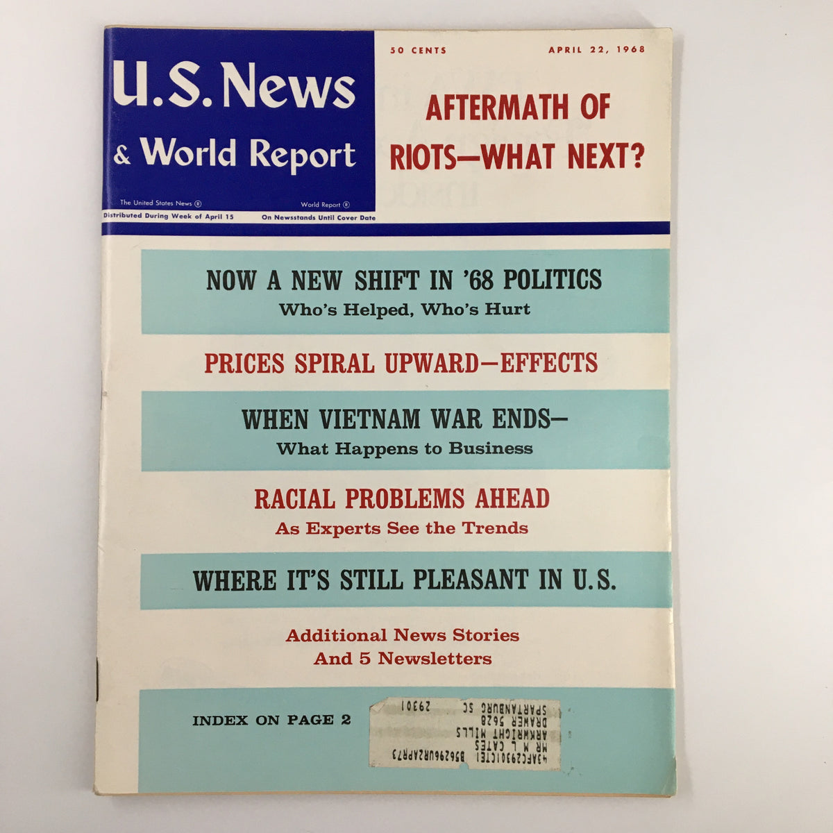 Cover of the US News & World Report Magazine, April 22, 1968, featuring the headline 'Aftermath of Riots—What Next?' along with discussions on political shifts, economic impacts, and societal issues of the time.