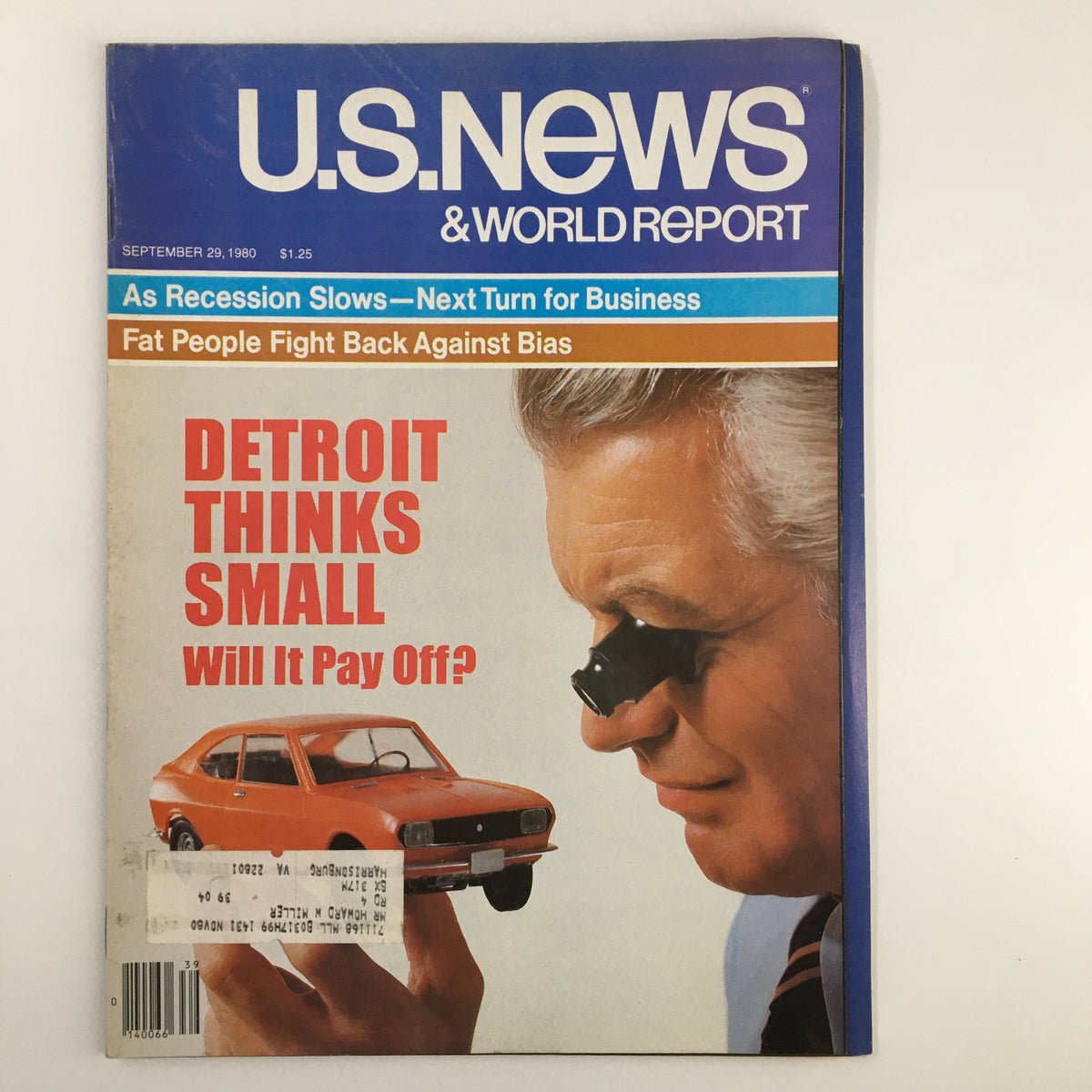 Cover of US News & World Report Magazine from September 29, 1980, featuring the headline 'Fat People Fight Back Against Bias' with an image of a man examining a toy car, highlighting societal attitudes towards body image.