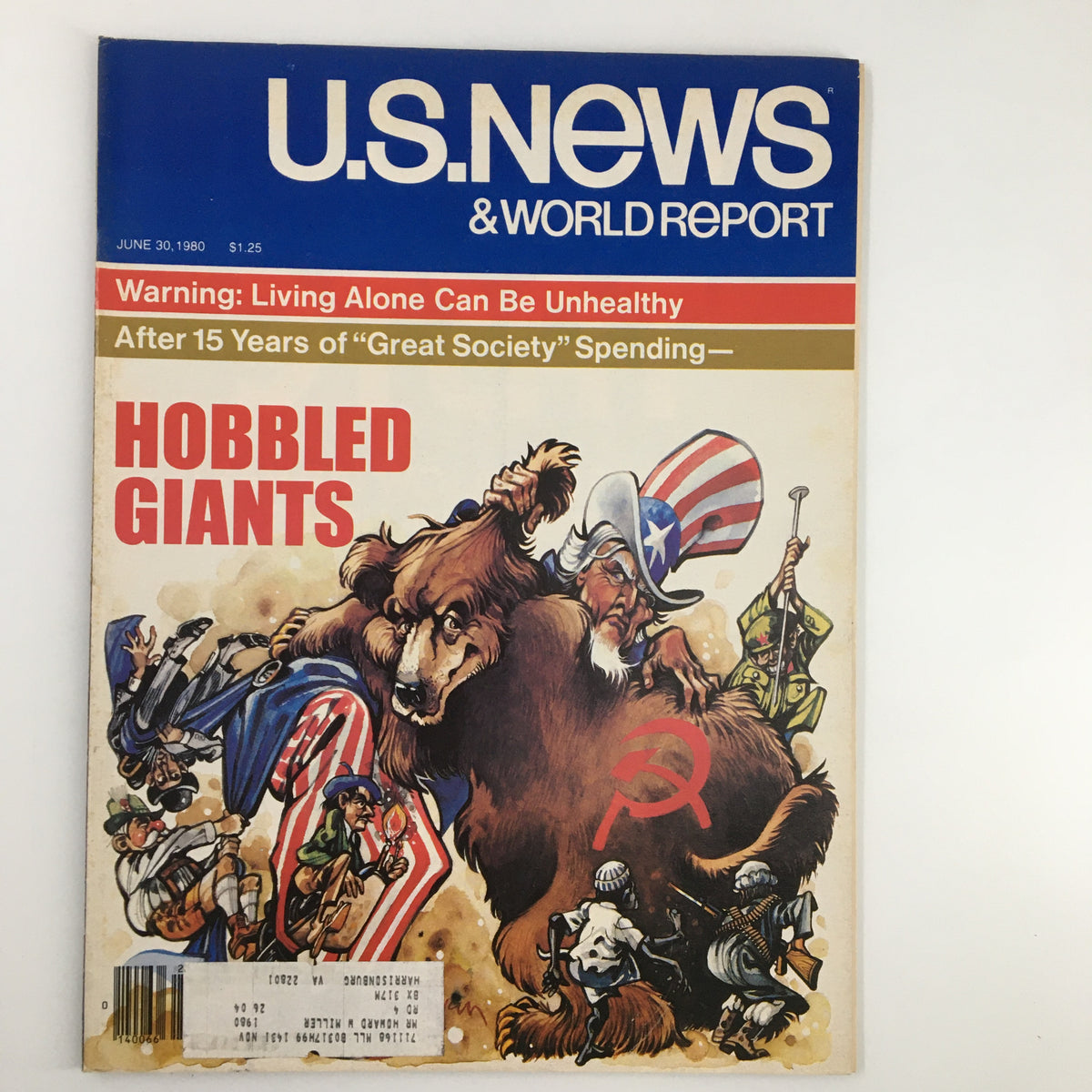 Cover of US News & World Report Magazine dated June 30, 1980, featuring the headline 'Warning: Living Alone Can Be Unhealthy' and an illustration depicting various figures with American and Soviet themes.