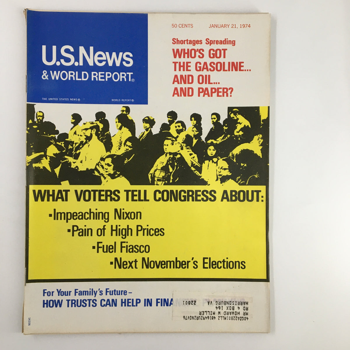 Cover of US News & World Report magazine, January 21, 1974, featuring the title 'Who's Got The Gasoline' with graphical elements discussing various societal issues including the fuel crisis.