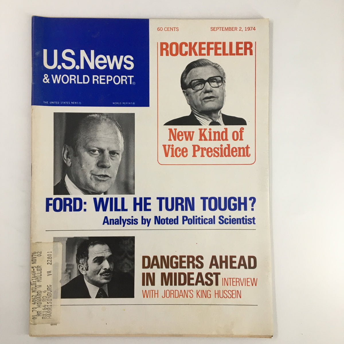 Cover of US News & World Report Magazine from September 2, 1974, featuring Nelson Rockefeller and Gerald Ford. The magazine discusses Rockefeller's role as a new kind of vice president and explores political analysis on Ford's leadership during a pivotal time in American history.