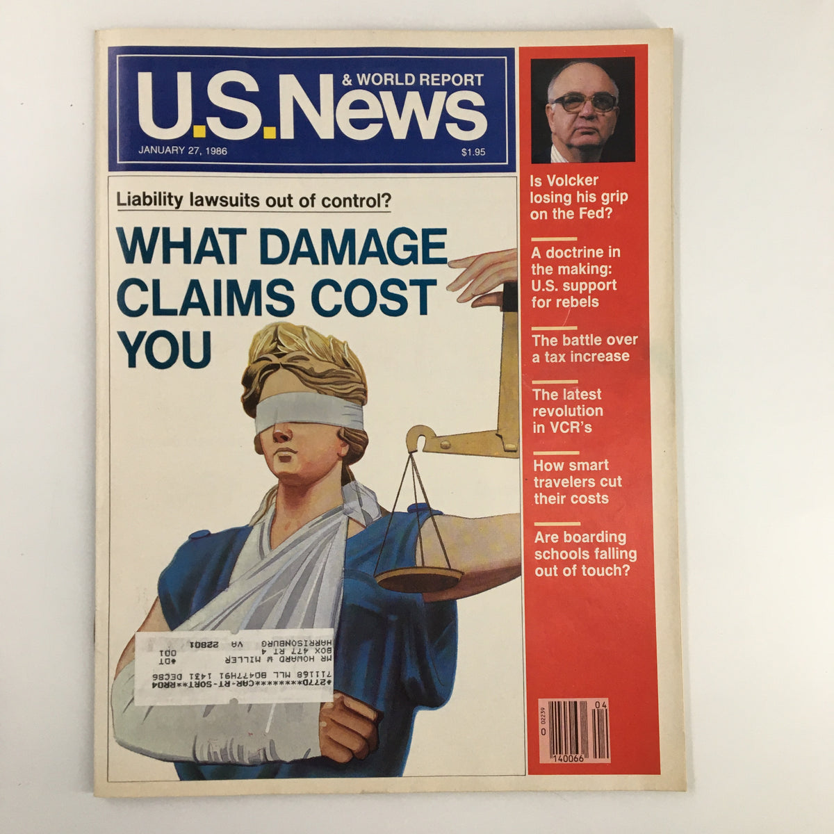Cover of US News & World Report Magazine dated January 27, 1986, featuring the headline 'What Damage Claims Cost You,' with an illustration of a blindfolded figure holding a scale. This vintage magazine offers insights into liability lawsuits and personal finance issues of the 1980s.