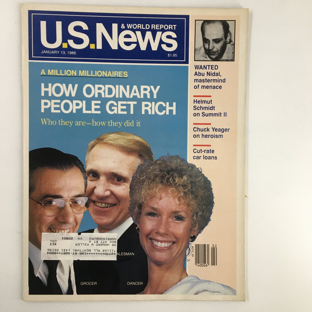 Cover of US News & World Report Magazine, January 13, 1986, featuring the headline 'How Ordinary People Get Rich.' The cover displays three individuals—a grocer, a salesman, and a dancer, symbolizing everyday people who achieve financial success. Additional text includes mentions of international topics and figures.