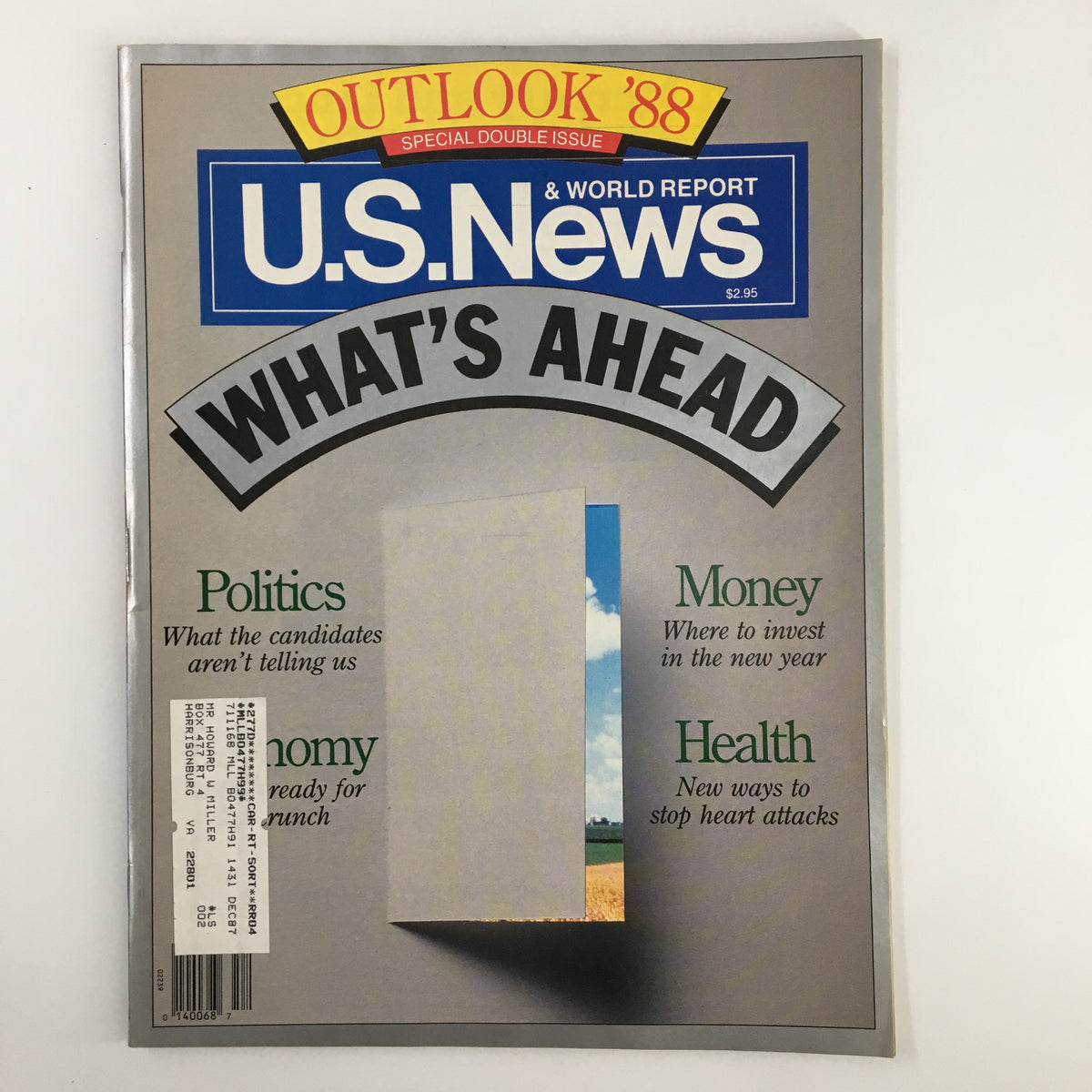 Cover of US News & World Report Magazine 1988, titled 'What's Ahead in Politics, Money, Economy', featuring a visual depiction of potential future events and insights on key topics such as politics, finance, and health.