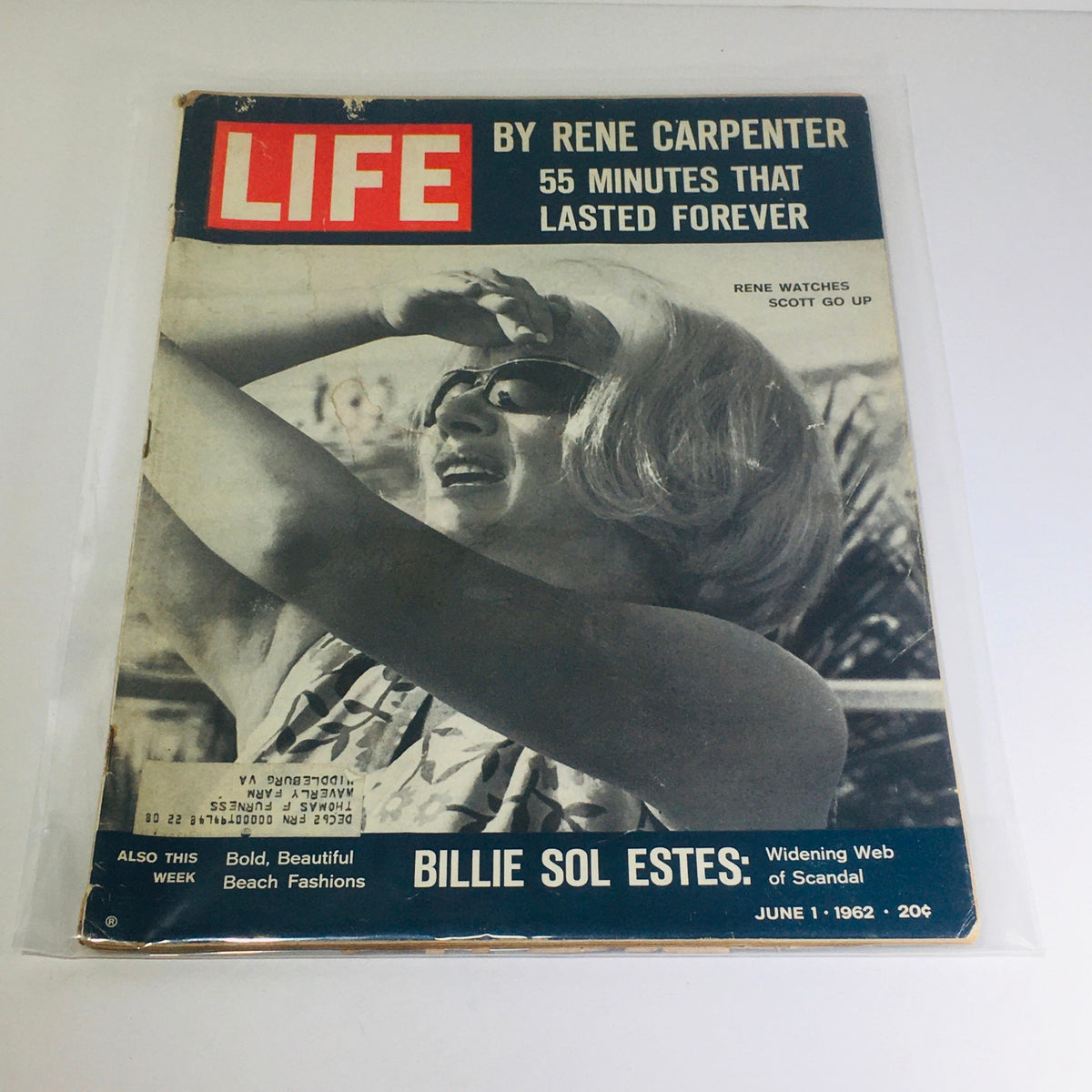 Vintage Life Magazine cover from June 1, 1962, featuring Billie Sol Estes with the title 'Widening Web of Scandal'. The cover showcases a woman wearing sunglasses against a background of palm trees and includes the headline highlighting the intriguing content of the issue.