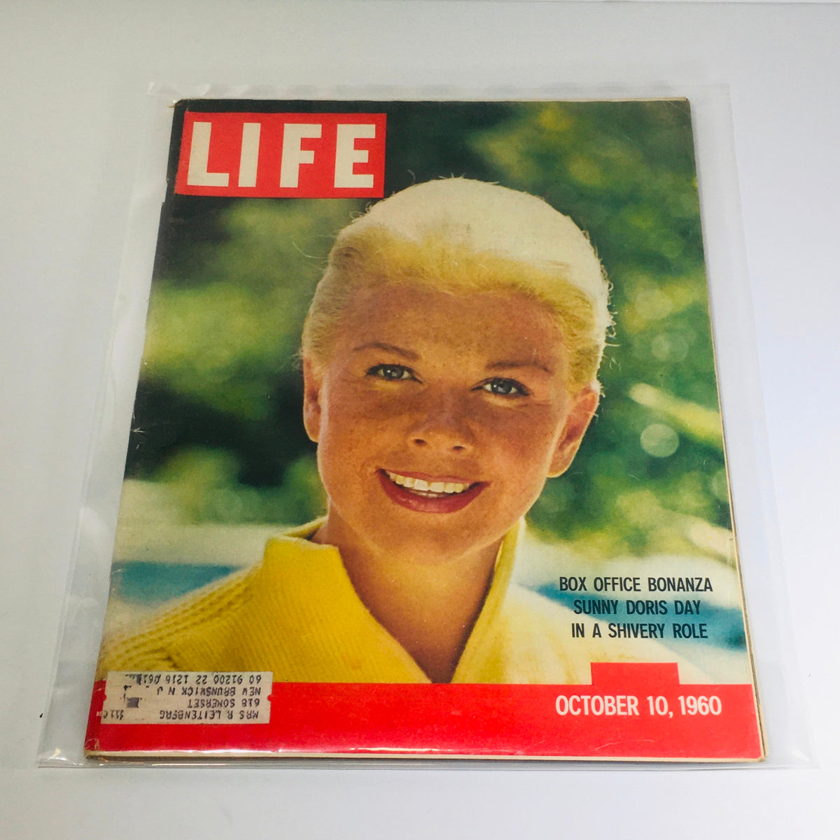 Life Magazine cover from October 10, 1960, showcasing Doris Day in a bright yellow sweater, highlighting the issue's feature on her box office success. The cover embodies the cultural essence of the 1960s with vivid imagery and nostalgic charm.