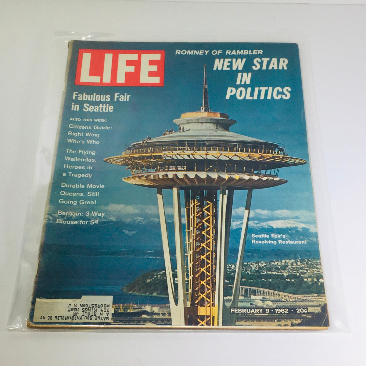 Life Magazine issue from February 9, 1962, featuring coverage of the Fabulous Fair in Seattle and highlighting a New Star in Politics, showcasing the iconic Space Needle and vibrant cultural elements of the early 1960s.
