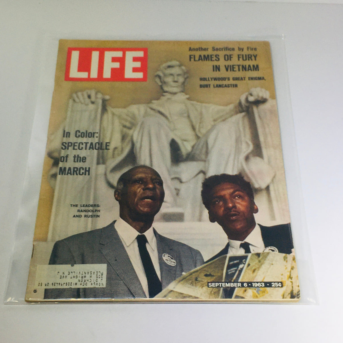 Vintage Life Magazine cover from September 6, 1963 featuring leaders Randolph and Rustin with the headline 'Flames of Fury in Vietnam', showcasing pivotal moments in civil rights history.