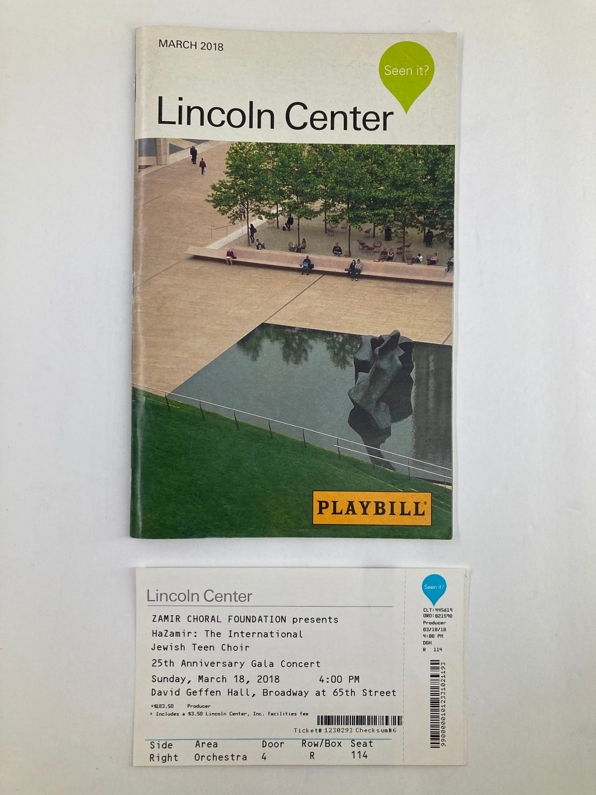 2018 Playbill Lincoln Center featuring Hazamir The International Jewish Teen Choir cover with a photograph of the outdoor sculpture at Lincoln Center.