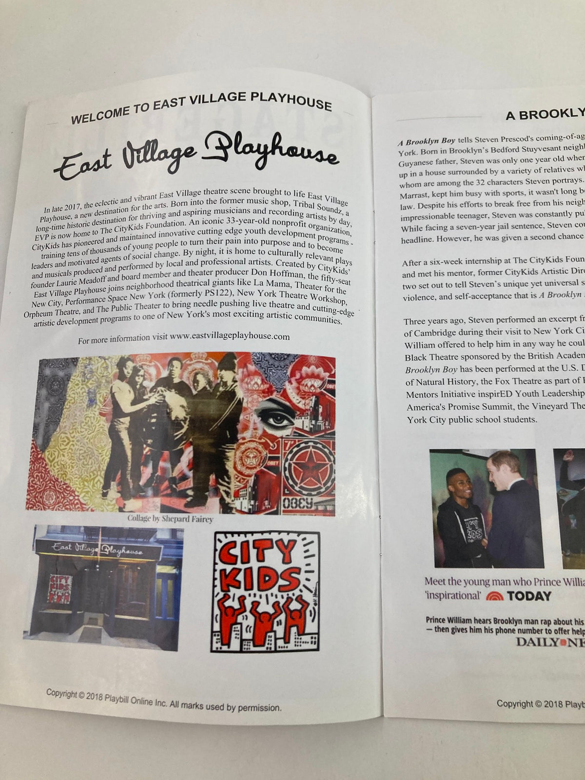 2018 Playbill for A Brooklyn Boy at East Village Playhouse, showcasing the theater interior and promotional materials.