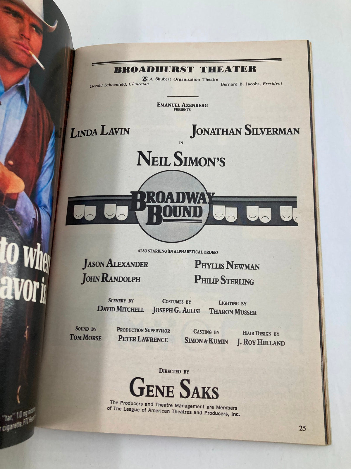 Page from the 1987 Playbill for Neil Simon's Broadway Bound at the Broadhurst Theater, listing the cast and production team.