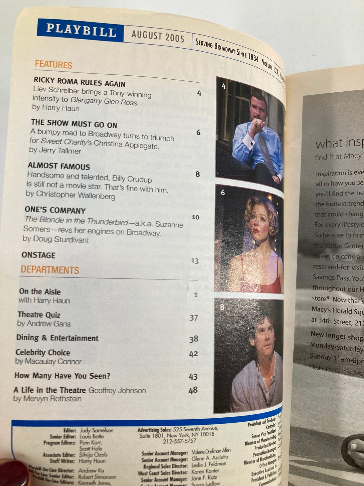 Inside page of the 2005 Playbill for The Light in the Piazza, detailing articles and features from August 2005, including credits and cast information.