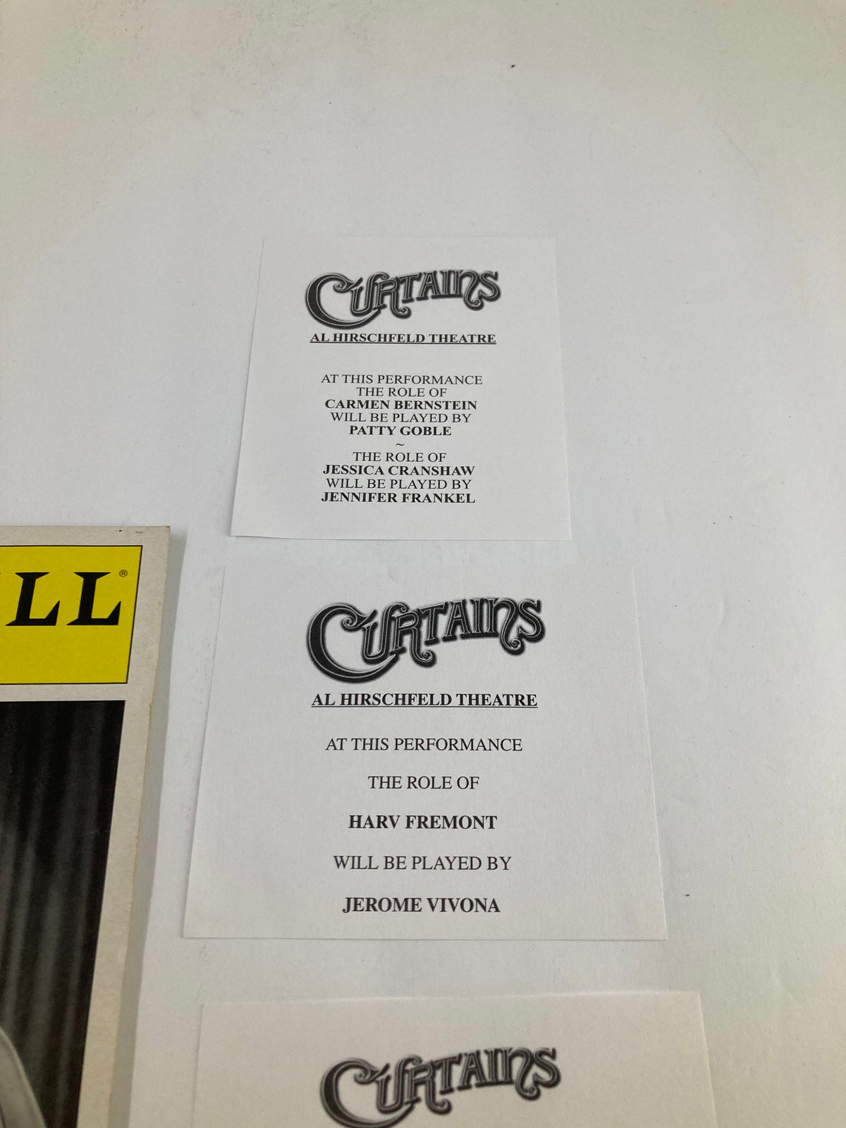 Detailed performance notes from the 2008 Playbill of Curtains at Al Hirschfeld Theatre, showing roles played by actors Jerome Vivona and others.
