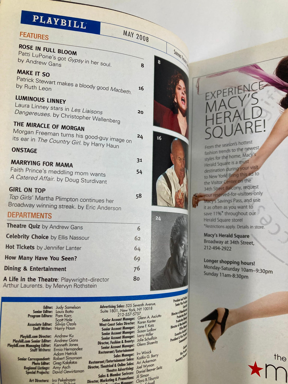 2008 Playbill Al Hirschfeld Theatre page with featured articles and advertisements for various performances, including a section dedicated to 'Curtains'.