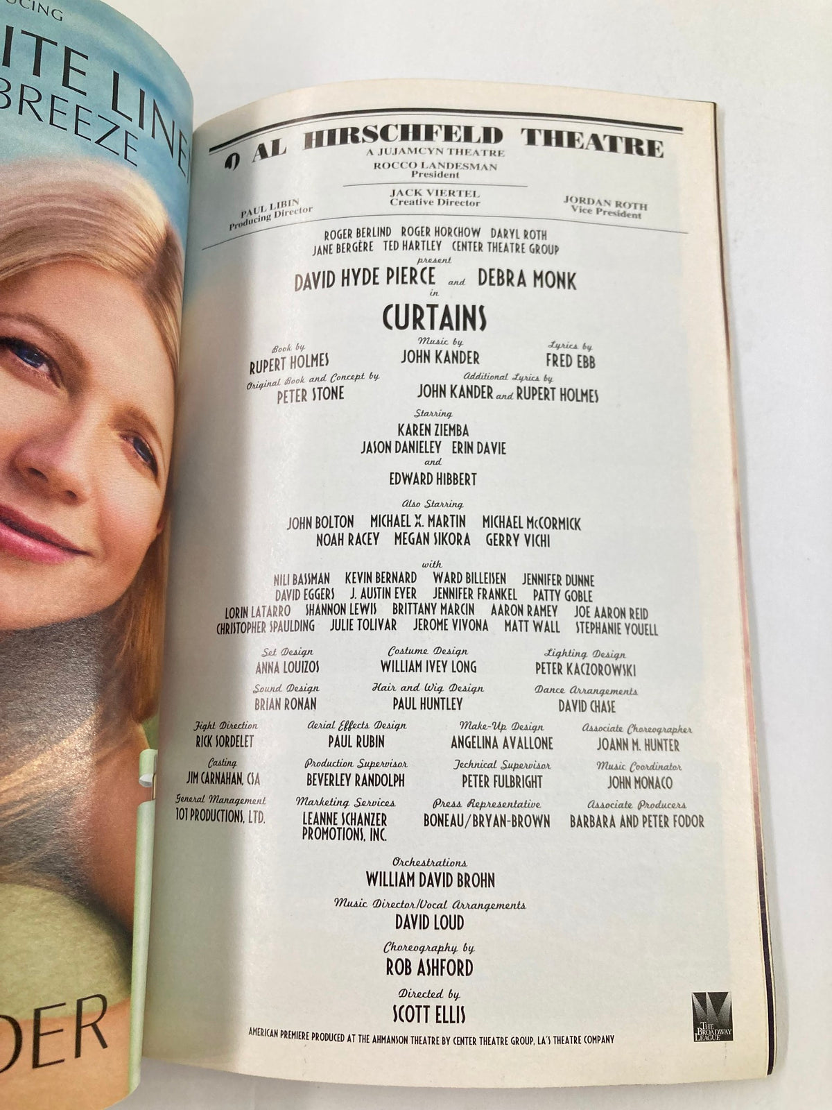 2008 Playbill Al Hirschfeld Theatre page featuring the cast list for 'Curtains,' highlighting David Hyde Pierce and Debra Monk among others.