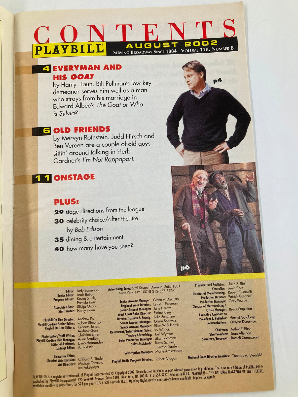 August 2002 Playbill contents page featuring listings for theatrical performances including 'Everyman and his Goat', 'Old Friends', and 'On Stage'. Highlights the ongoing performances at the Walter Kerr Theatre.