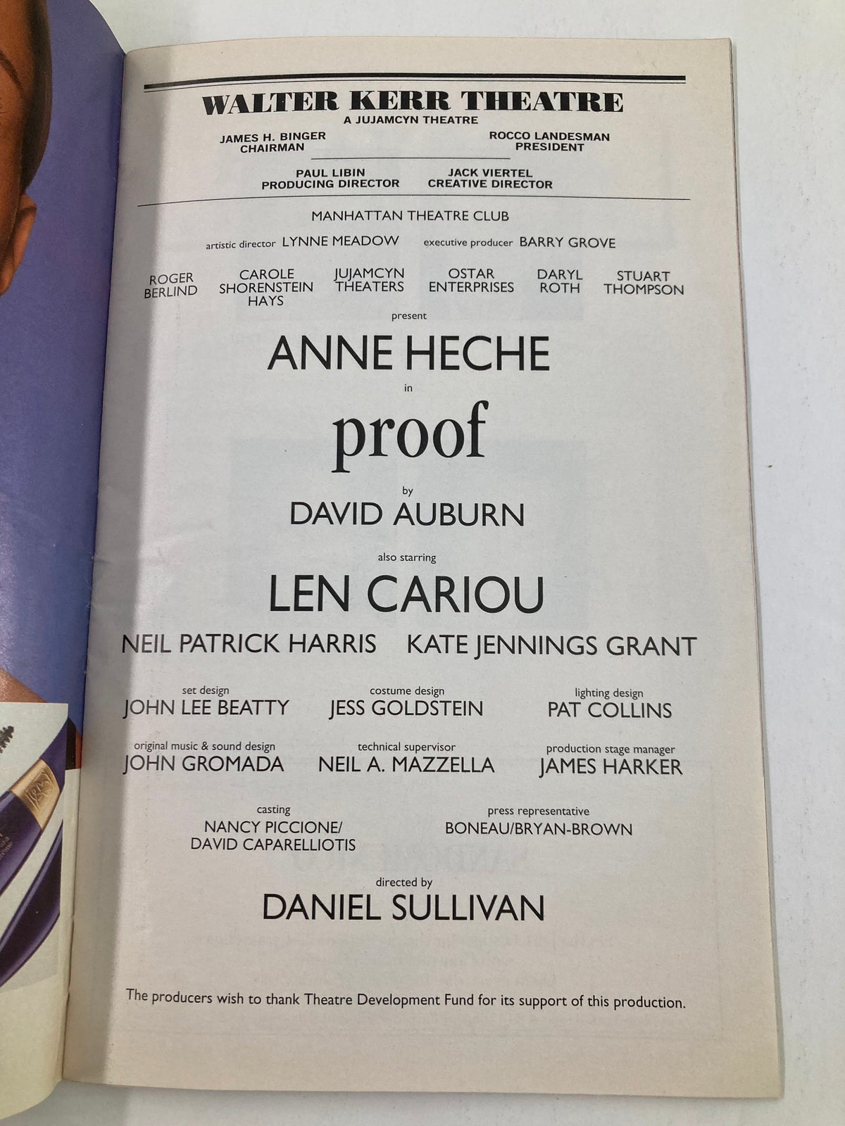 Walter Kerr Theatre Playbill showcasing Anne Heche and Len Cariou in the play 'Proof'. Includes cast details and production information, emphasizing the talents of the lead actors in this critically acclaimed production.
