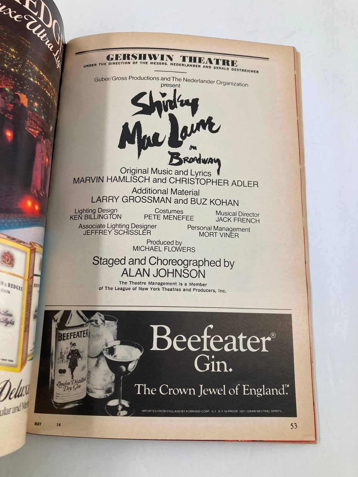 Page from the 1984 Playbill featuring Gershwin Theatre, highlighting the staging and choreography by Alan Johnson for Shirley MacLaine in Broadway.