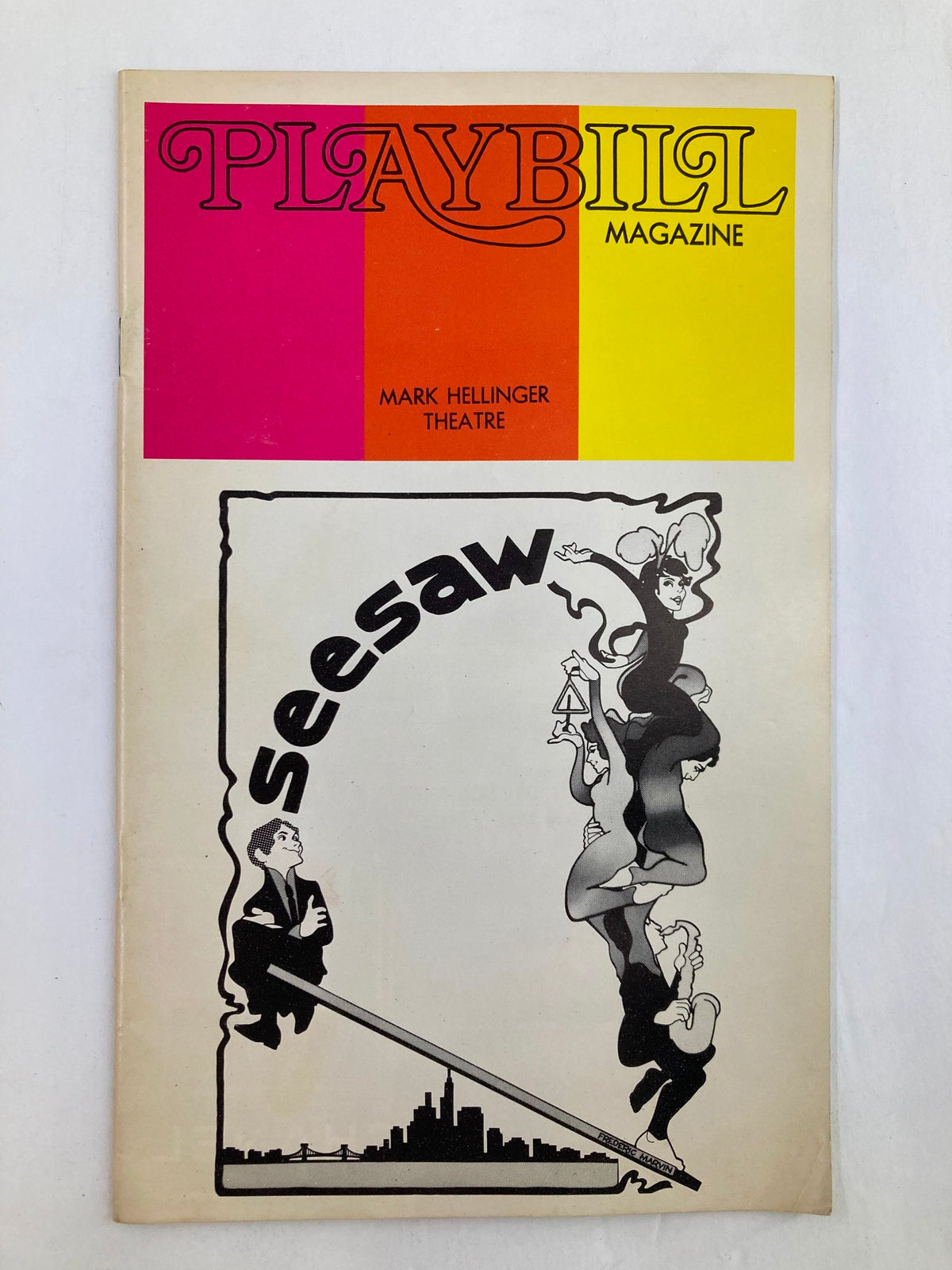 1973 Playbill from Mark Hellinger Theatre featuring the musical Seesaw, showcasing the artistic cover design with iconic characters and a bright color scheme.