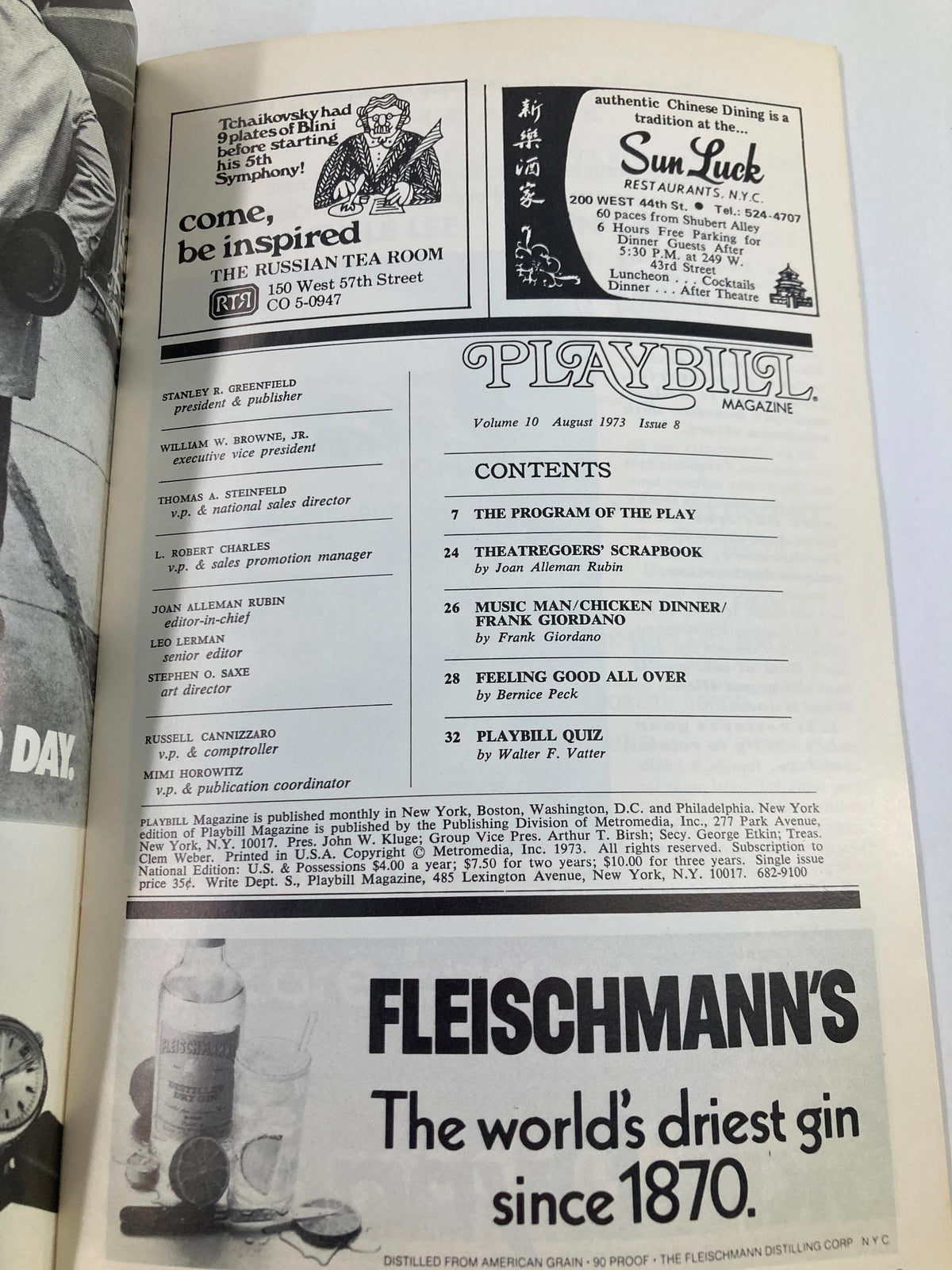 Inside view of the 1973 Playbill from Mark Hellinger Theatre featuring the contents page, highlighting the cast and crew of "Seesaw" including Michele Lee and John Gavin.