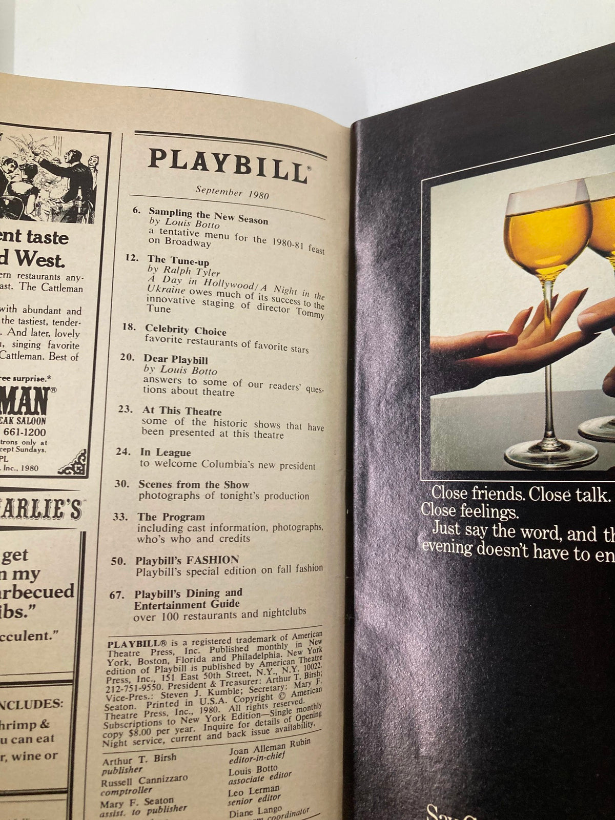 Interior page of the 1980 Playbill for Talley's Folly demonstrating promotional content and advertisements from the era.