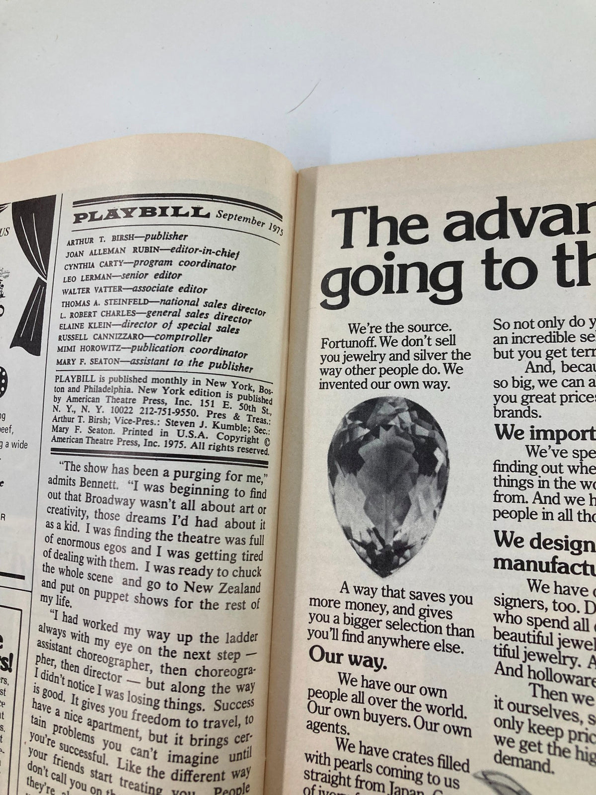 1975 Playbill for Ah, Wilderness! showcasing the articles and contributors page from September 1975, representing a piece of theatrical history from the Circle in the Square Theatre.