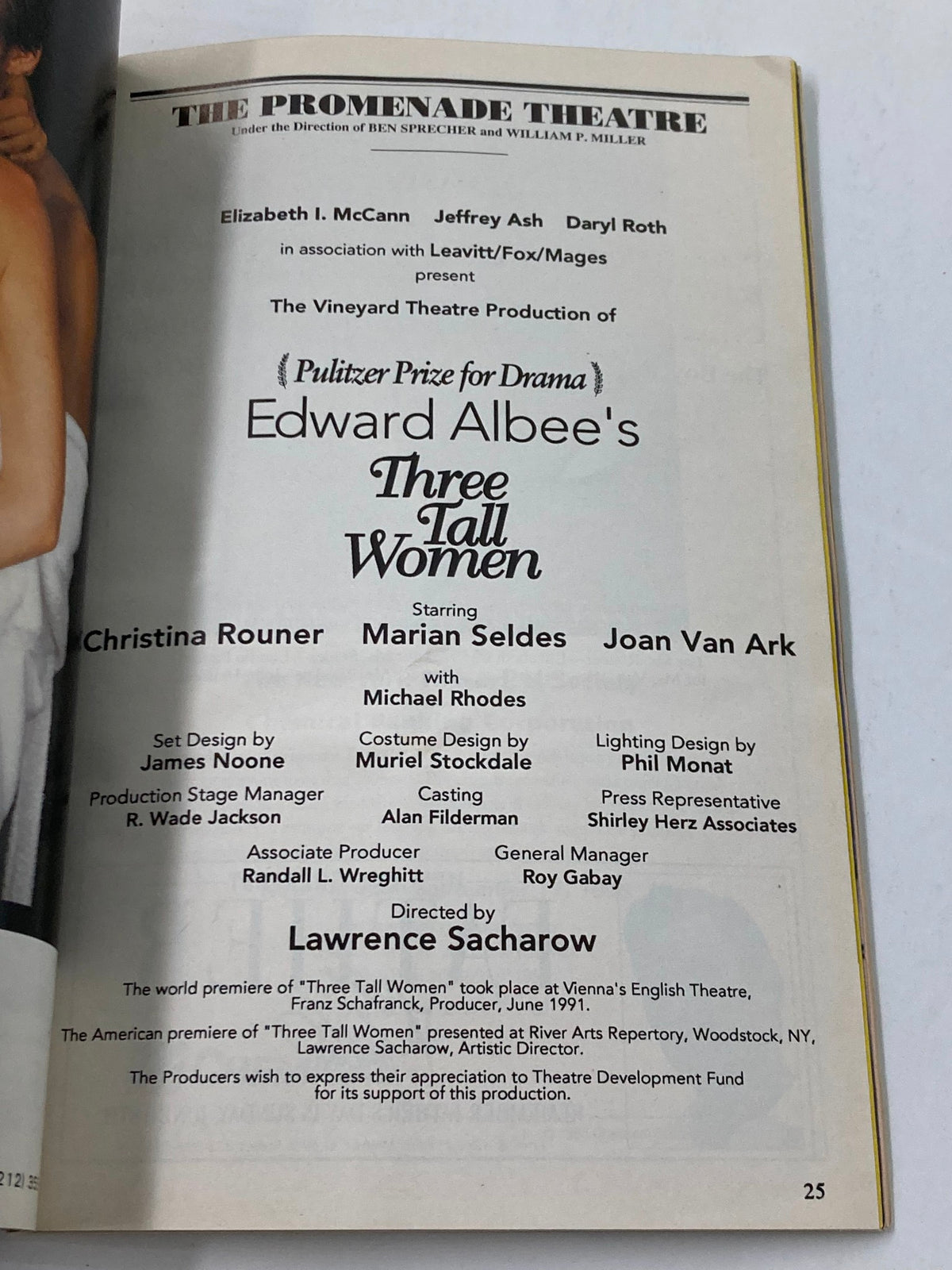 Another interior page of the 1995 Playbill for Edward Albee's Three Tall Women, featuring cast and production details.