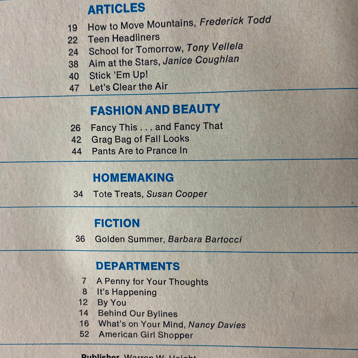 Table of contents from American Girl Magazine August 1970, listing articles on empowerment, fashion, and beauty tips aimed at young readers.