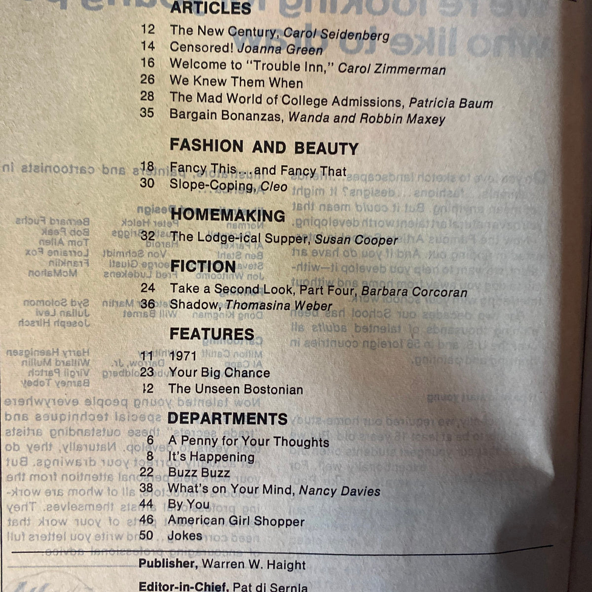 Table of contents of American Girl Magazine January 1971, listing articles and features including 'Censored!' and 'The Mad World of College Admissions'.