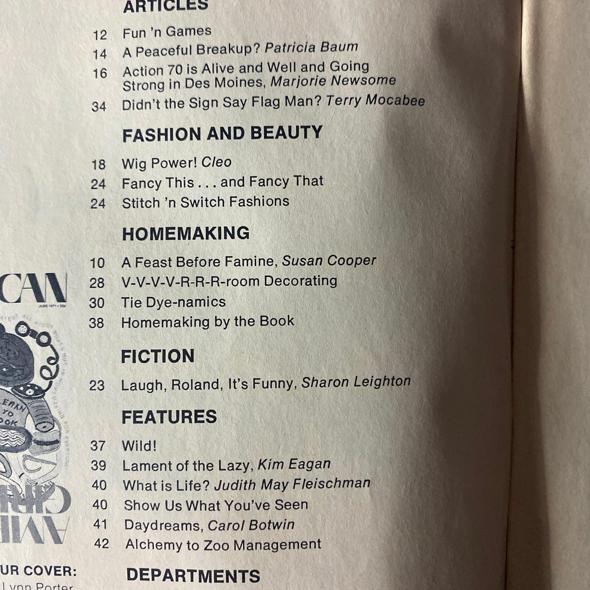 Table of contents from American Girl Magazine June 1971 featuring articles and sections such as 'A Feast Before Famine' by Susan Cooper, showcasing topics on fashion, beauty, homemaking, and more.