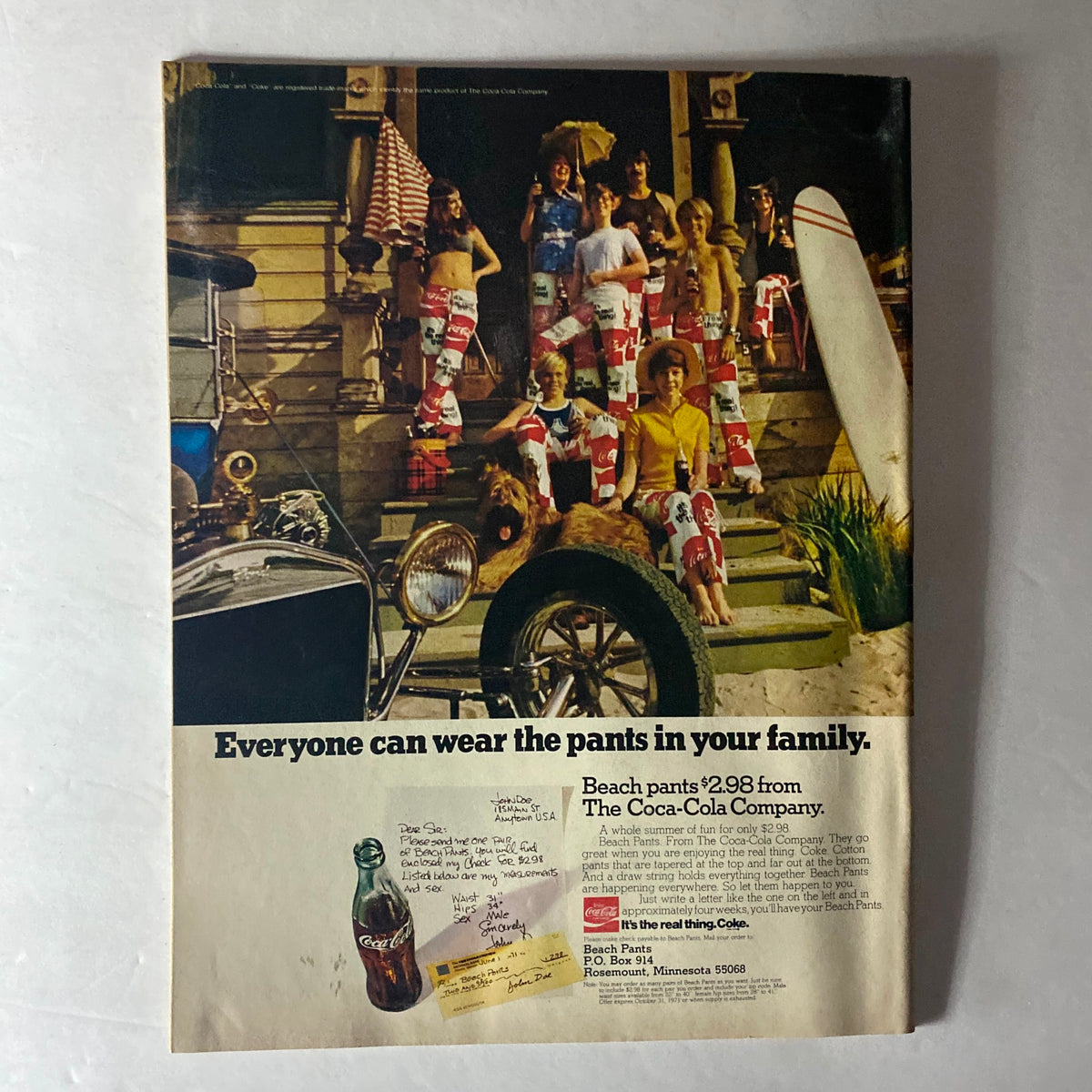 Back cover of American Girl Magazine June 1971 featuring a vintage ad for Coca-Cola, portraying individuals in colorful beach pants, capturing the playful and vibrant style of the 1970s.