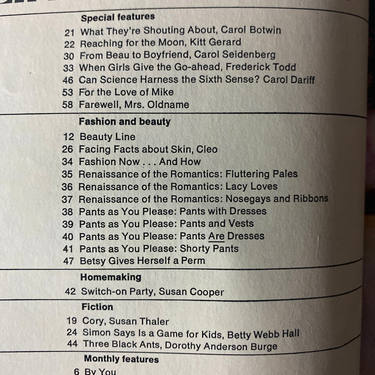 Interior page of American Girl Magazine March 1969, listing articles and fashion features under the 'Renaissance of the Romantics' theme, highlighting topics like beauty, clothing, and self-expression.
