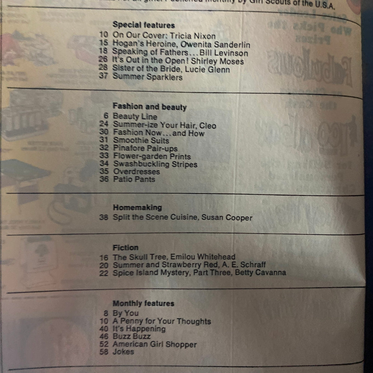 Table of contents from the American Girl Magazine June 1969, featuring articles on various topics including fashion, beauty, and special features. Notable mentions include Tricia Nixon on the cover and works by authors like Bill Levinson.