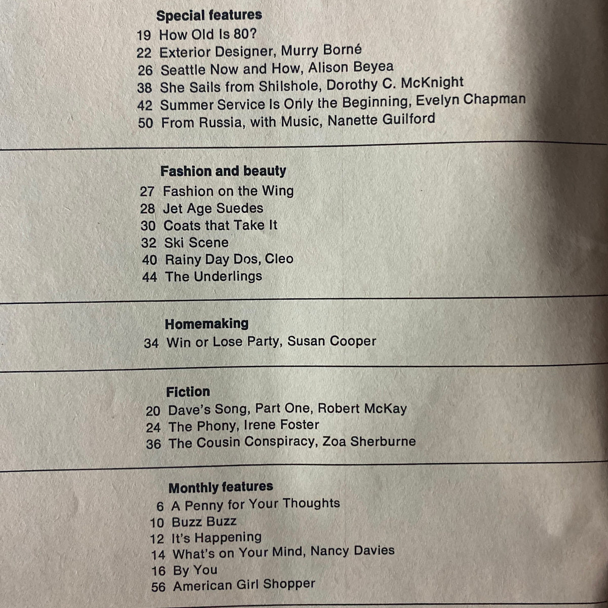 Table of contents from American Girl Magazine, October 1969, listing special features and articles including fashion segments and fictional pieces.